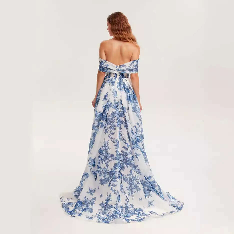 off shoulder European American women's fashion, organza fairy long evening dress, 2024 new style chic and elegant clothing