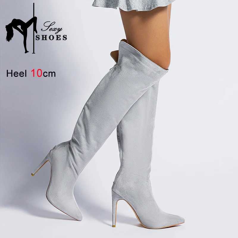 High Quality Knee High Pointed Toe Wen Boots Autumn Winter Suede High H Size Grey Model Shoe Back Zipper Lg Tube Boots T241206