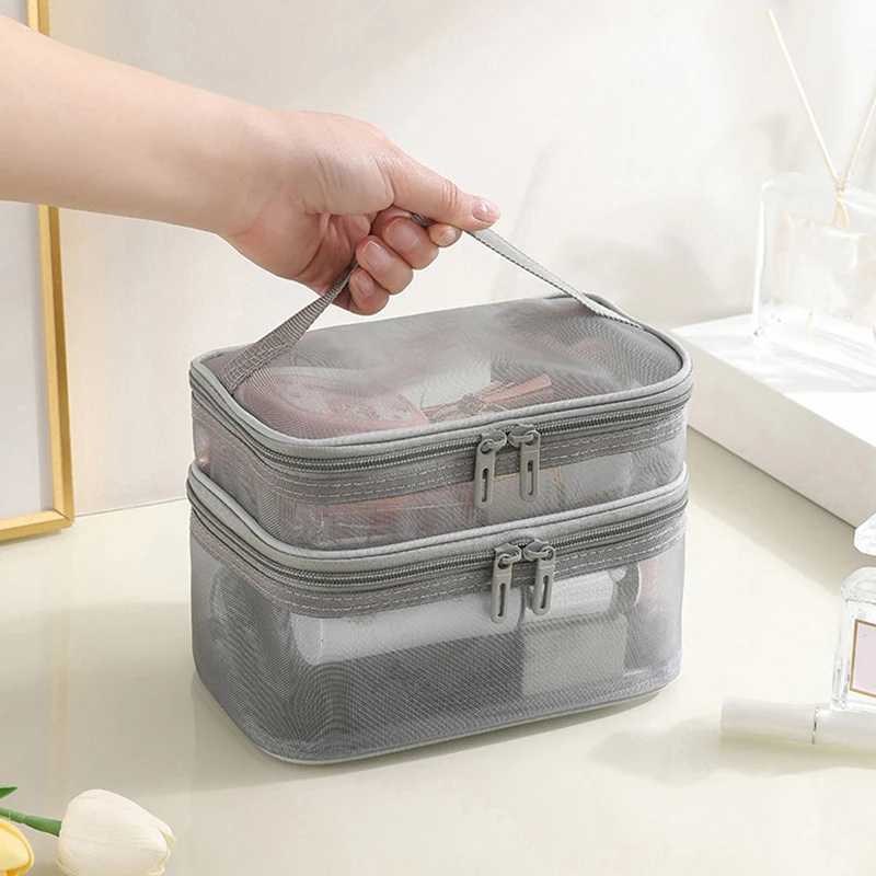 1Pc Mesh Makeup Bag Travel Cosmetics Storage Bag Travel Portable Large Capacity Double Layer Transparent Mesh Zipper W BagXJ241206
