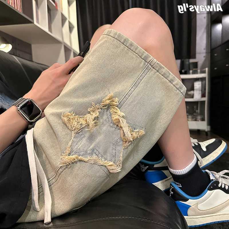 Patchwork Star Pattern Denim Shorts Men Straight Loose Sports Casual Baggy Pants Male Short Jeans Mens Vintage Knee Length PantsXJ241206
