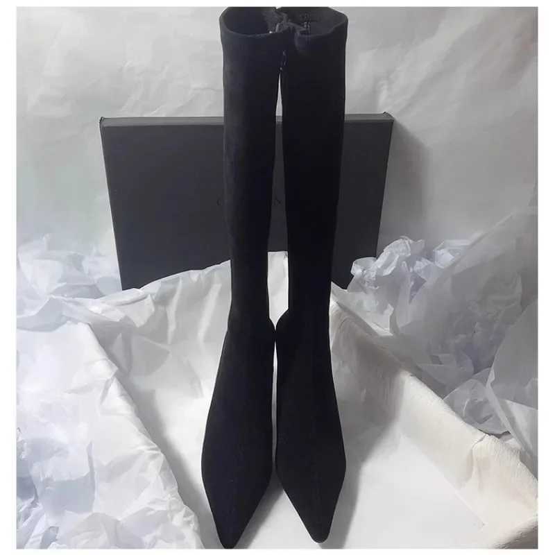 High Quality Pointed Toe Knee High Boots Sensual Thick Boots Wens Side Zipper Suede Elastic High H Modern Shoes Zapatos De Mujer T241206