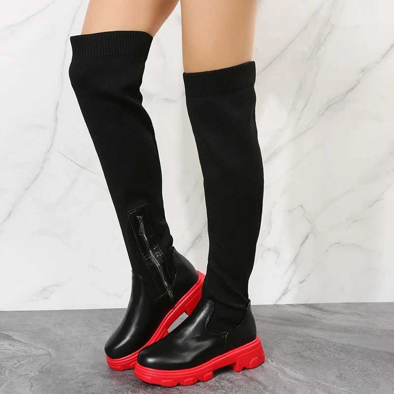 High Quality Thigh High Boots Wen Over the Knee Lg Platform Shoes Knitted Socks Short Fat New Rock Elegant Gothic Plus Size Lolita T241206
