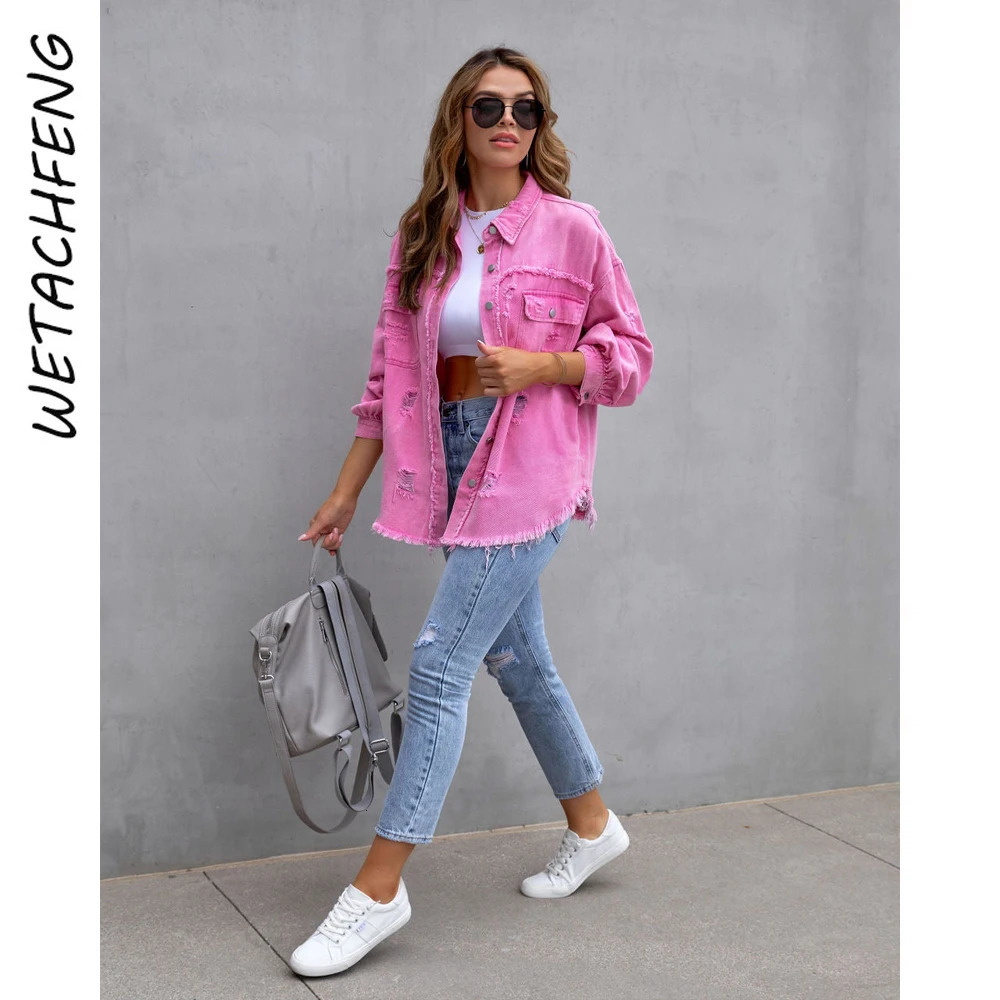 Womens autumn pink jacket long sleeved casual pocket lapel frayed hole tassel denim Korean clothing 241206