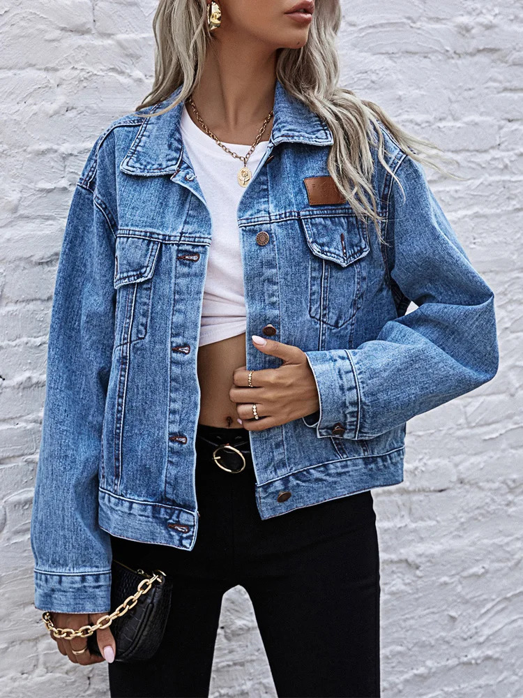 Benuynfy collar loose denim jacket womens spring and autumn single chest casual 241206