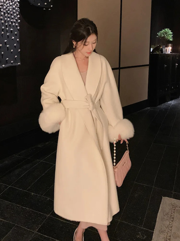 BJTZ Autumn/Winter Double sided Cashmere Coat Womens Long Detachable Fox Fur Hoodie Wool Coat Fashion Temperature 241205