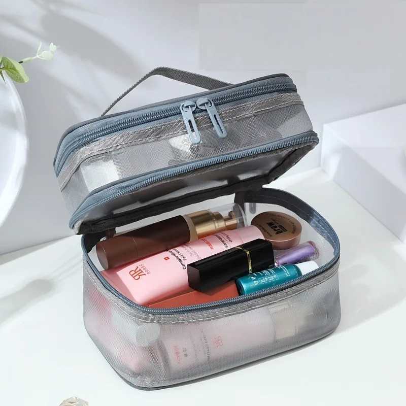 Womens Double-layer Mesh Makeup Bag Portable Large Capacity Toiletries Box Cosmetics Storage ToolXJ241206