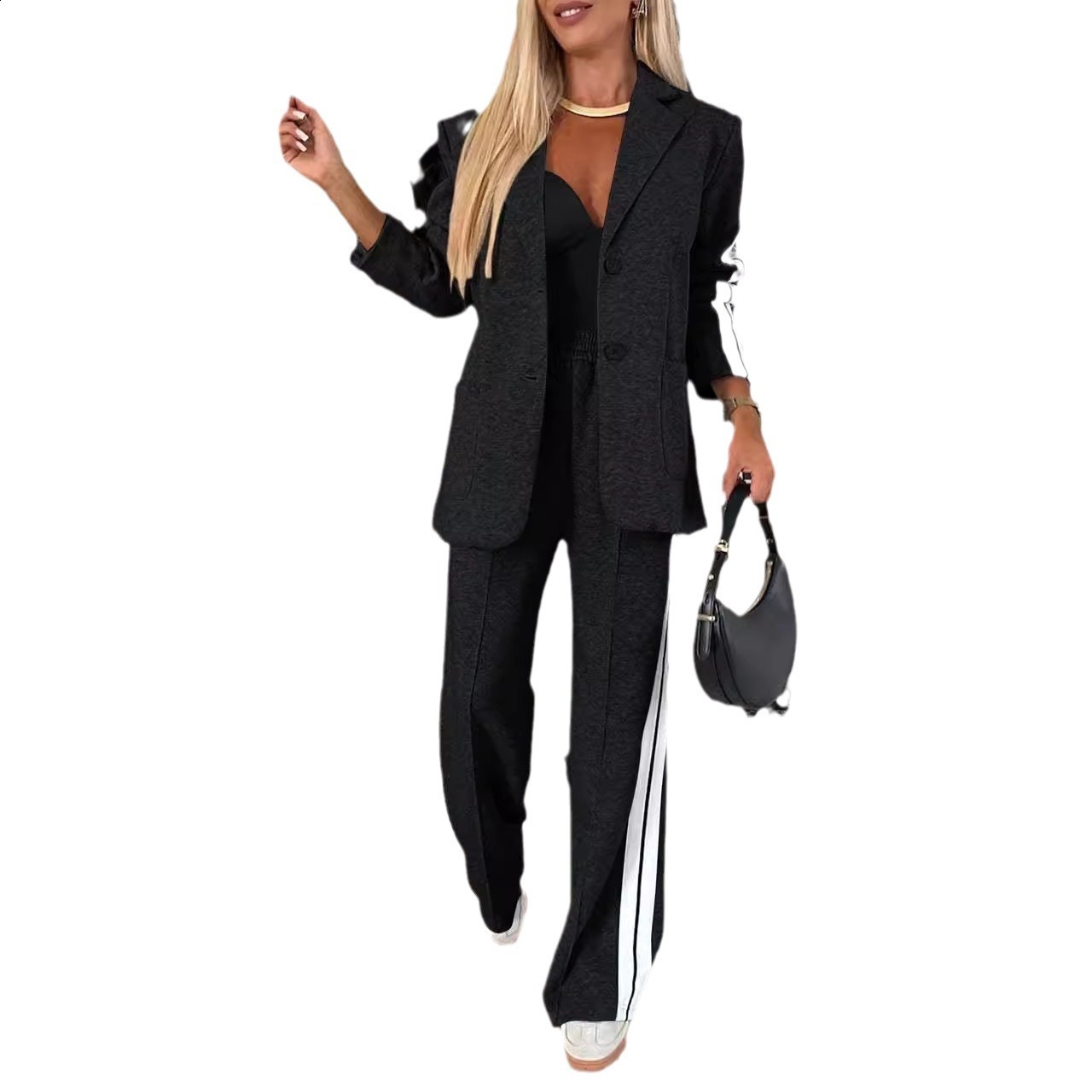 Freeacy Womens Fashion Two-piece Suit Blazer Coat High Waist Suit Pants Trousers Urban Female Casual Side-striped Suits 240815