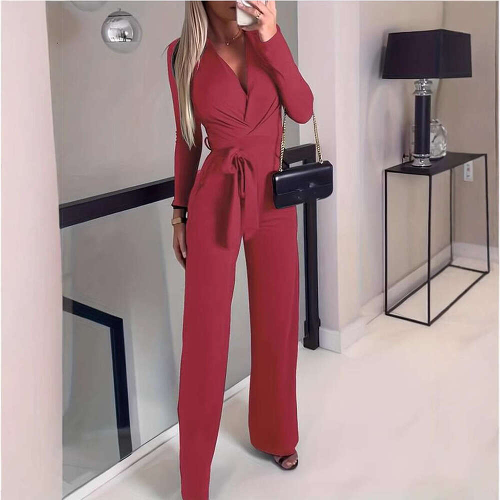 popular elegant solid color V-neck jumpsuit 2024 new casual fashion trend clothing