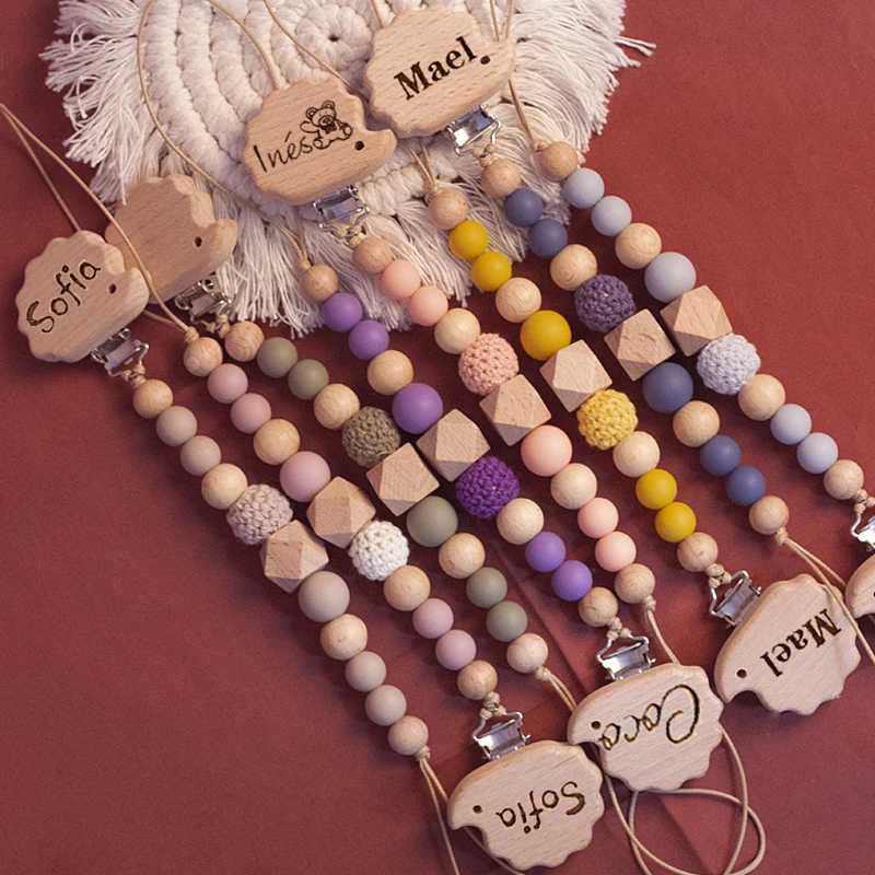 Pacifier Holders Clips# Custom Name Hedgehog Wooden Personalized Baby Pacifier Chain Silicone Bead Dummy Nipple Holder Teether Pendant Newborn Gift H2