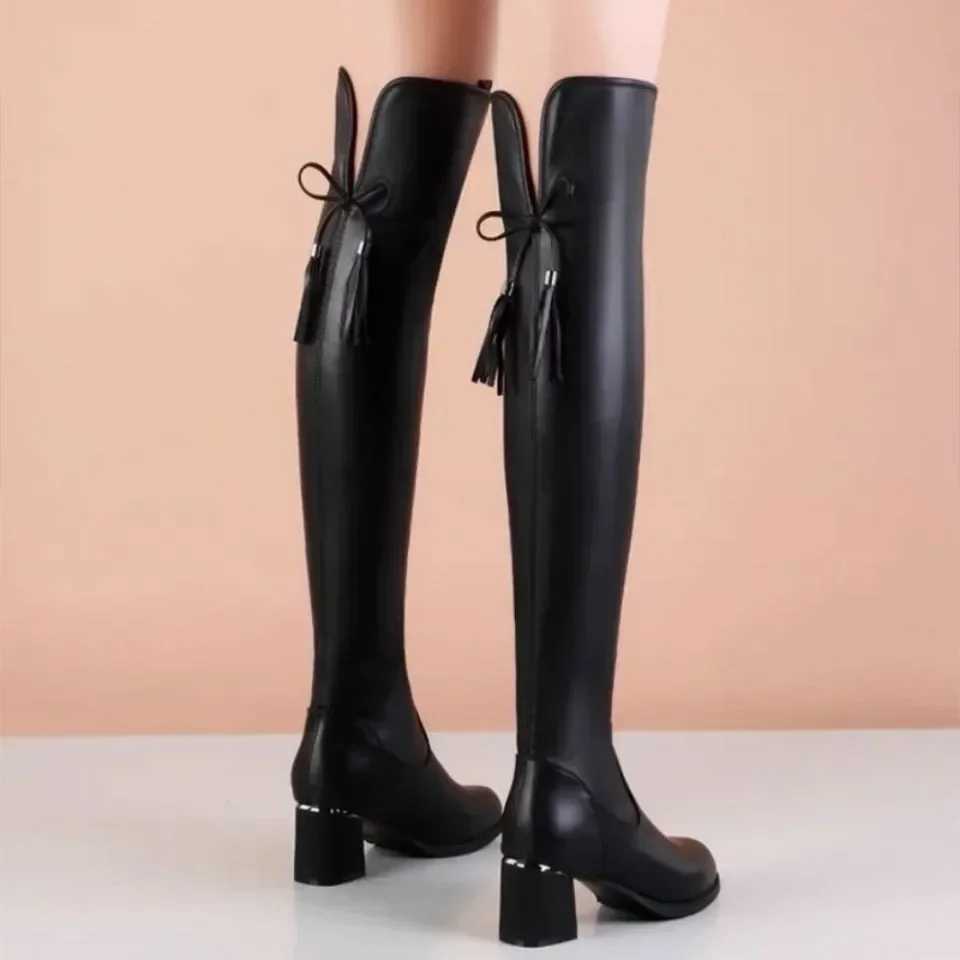 High Quality Warm leather elastic knee boots new winter warm P Lg boots autumn slider Pointed thick H Knight Botas T241206