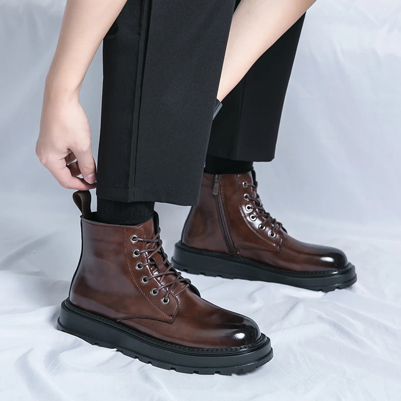 Winter Mens Motorcycle Boots Shiny Lace Up Round Toe Short Boots Waterproof Non Slip Denim Boots Formal High Top Leather Shoes 241206