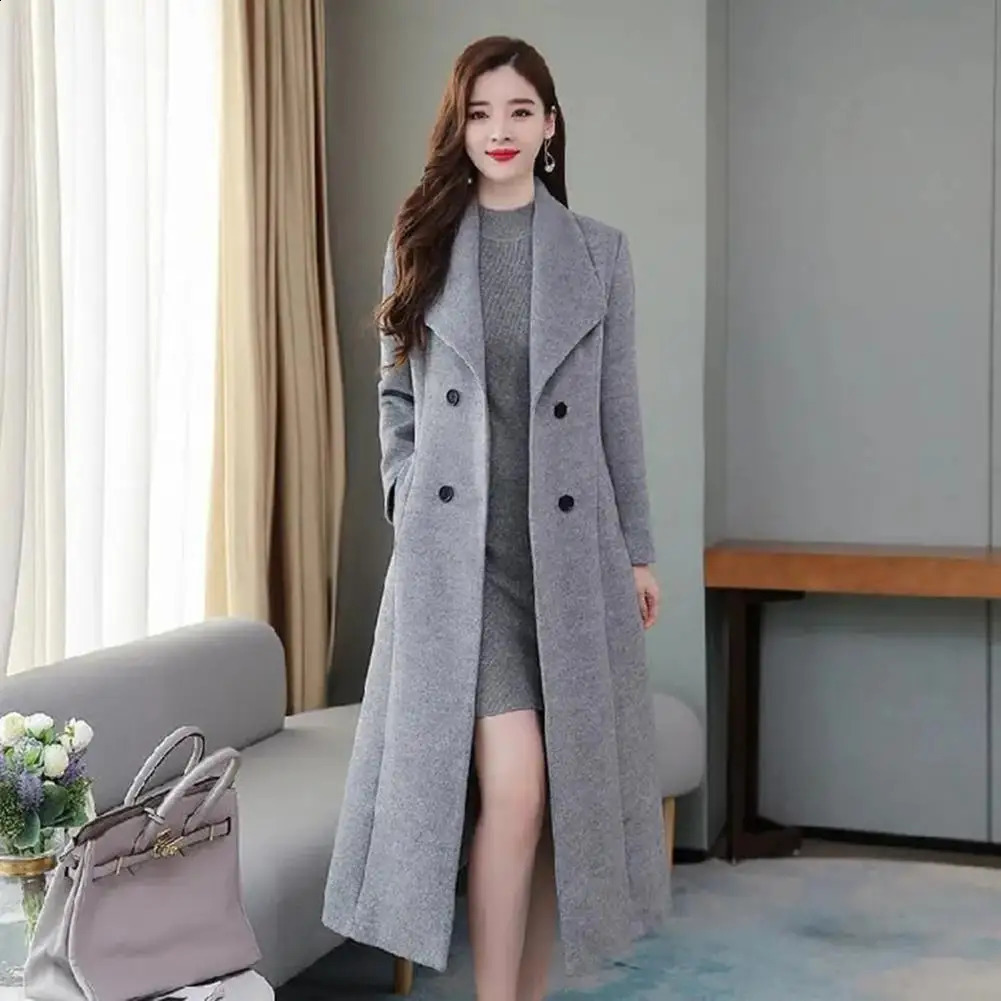 British Style Women Woolen Coat Elagant Suit Collar Double Breasted Waist Tight Long Cardigan MidCalf Length 241202