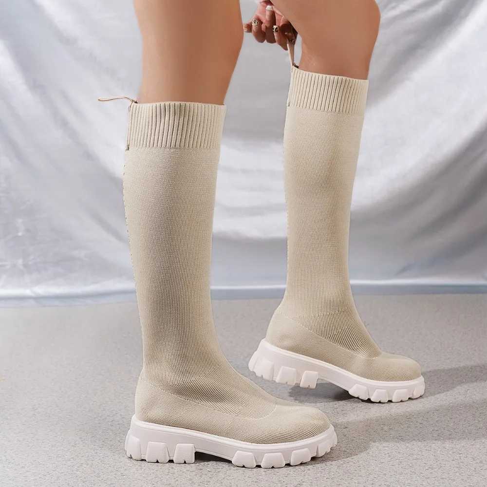 High Quality Autumn New Elastic Socks Knee Protectors Warm Thick Bott Ultra Thin High Heels Large Round Sole Botas De Mujer T241206
