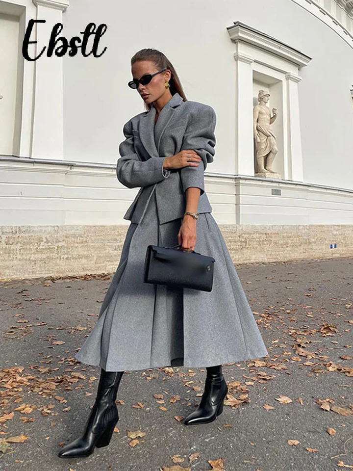 Elegant Woolen Coat Skirts Set Women Grey Lapel Hidden Buckle Blazers Pleated Skirt 2024 Autumn Winter Lady Office Outfits 241205