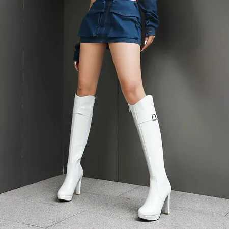 High Quality Patent PU leather white black Wens sexy knee high Lg boots platform thin high H boots large size 430000 finger boots T241206