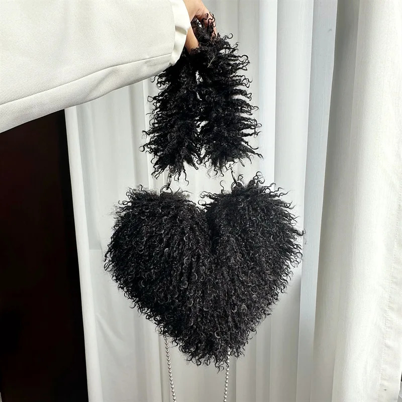 Faux Natural Fur-Ever Mongolian Furry Fur Heart Shape Oversized Tote Bags For Women Handbags With Long Shoulder Fur Straps 241206