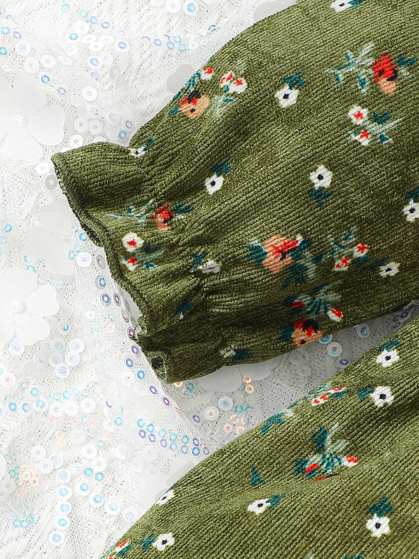 Kid Toddler Girls Dress Floral Print Button Front Ruffle Long Sleeve Corduroy Dress One Piece Casual Dress For Fall GreenXJ241206