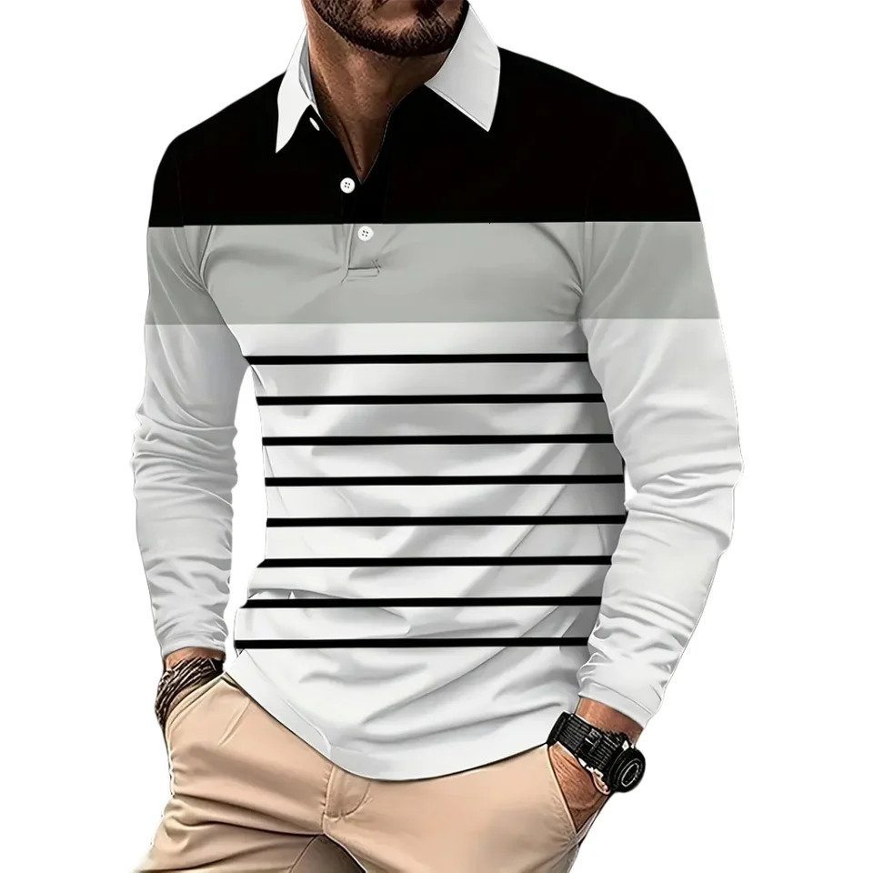 Vintage Stripe Print Mens Polo Shirts Fashion Lapel Golf Wear Mens T-Shirt Tops Street Sports Long Sleeve T Shirt Men Clothes 241206