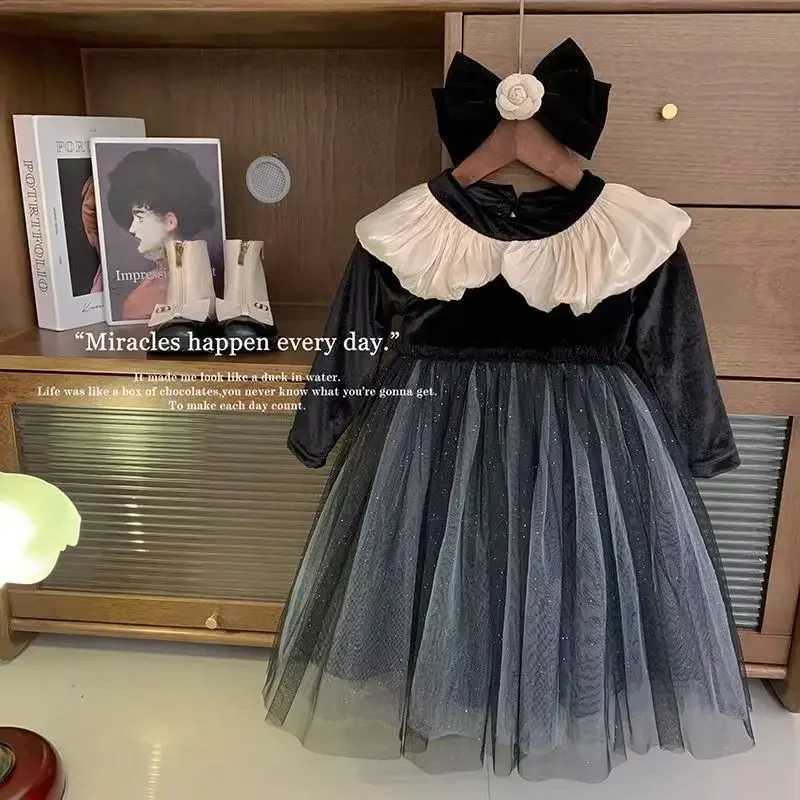 1-7T Spring Autumn Girl Long Sleeve Casual Dress Korean Sle Velvet Splicing Doll Collar Kids Princess Mesh Par DressesXJ241206