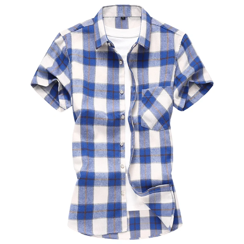 Fashion Striped Plaid Short-sleeved Shirt Men's Single-breasted Square Collar Cotton Shirts Summer Casual Camisa Men Chemise 7XL