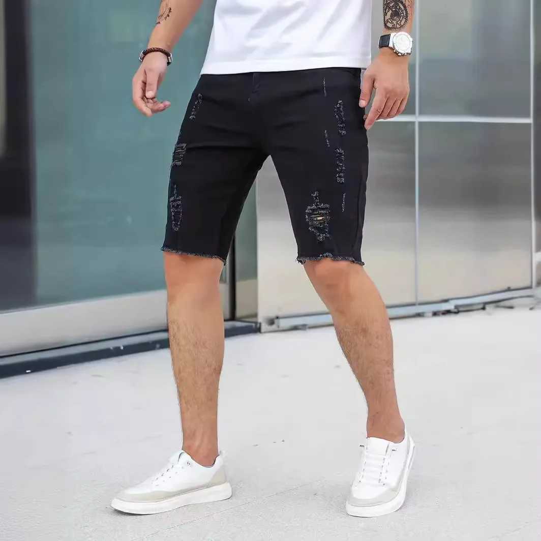 Summer Mens Holes Slim Fit Five Point Denim Shorts Elastic Waist Fashion Baggy Straight Cargo Shorts JeansXJ241206