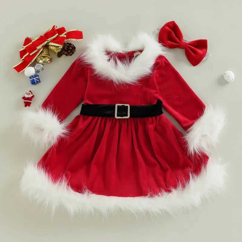 Christmas Baby Girl Clothes Par Dresses Long Sleeve O Neck Plush Patchwork A-line Dress with Belt and Headband Baby ClothingXJ241206