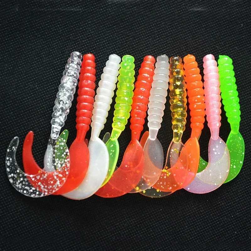 10pc Jigging Soft Silicone Fishing Lures 35mm 55mm Shrimp Fishy Smell Wobbrs Spiral Tail Artificial Swimbaits Shad SoupXJ241128