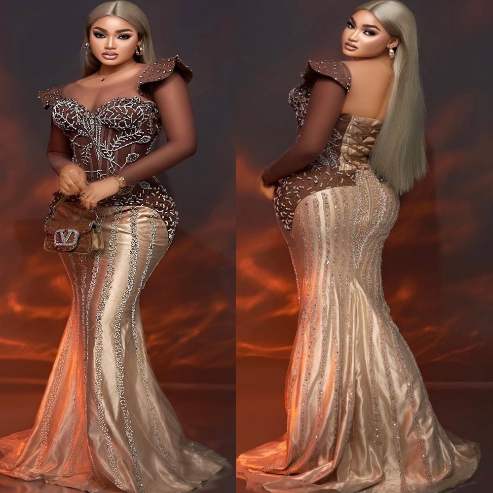 Gold Illusion Mermaid Prom Dresses 2025 Beaded Crystals Sequined Evening Formal Party Second Birthday Engagement Gowns Plus Size Dress For Special Occ