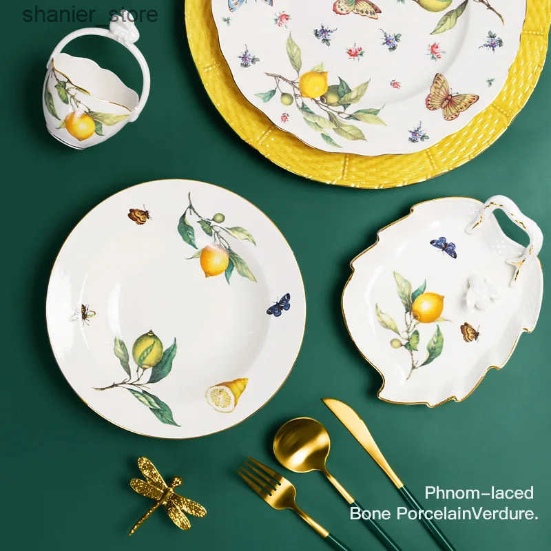 Dishes Plates European lemon pattern ceramic dinner plate steak bowl fruit candy Dim sum western dinner plate L240910