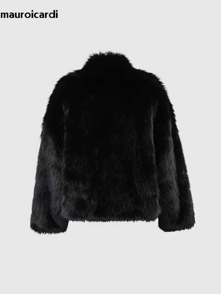 Mauroicardi Winter Short Oversized Hairy Soft Thick Warm Black Faux Fur Coat Women Loose Luxury Blue White Pink Fluffy JacketXJ241206