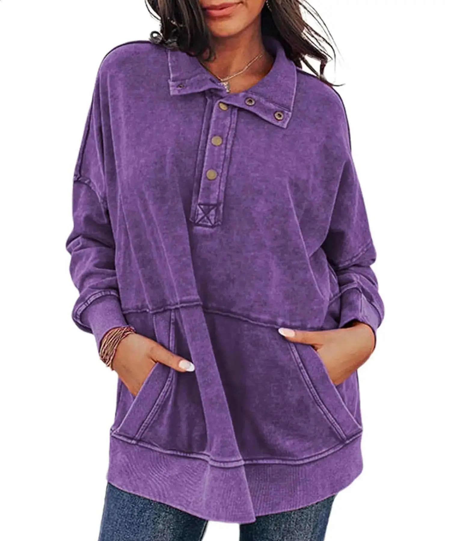 Womens Collar Button Pocket Wash Hoodie Pullover for Women 241203