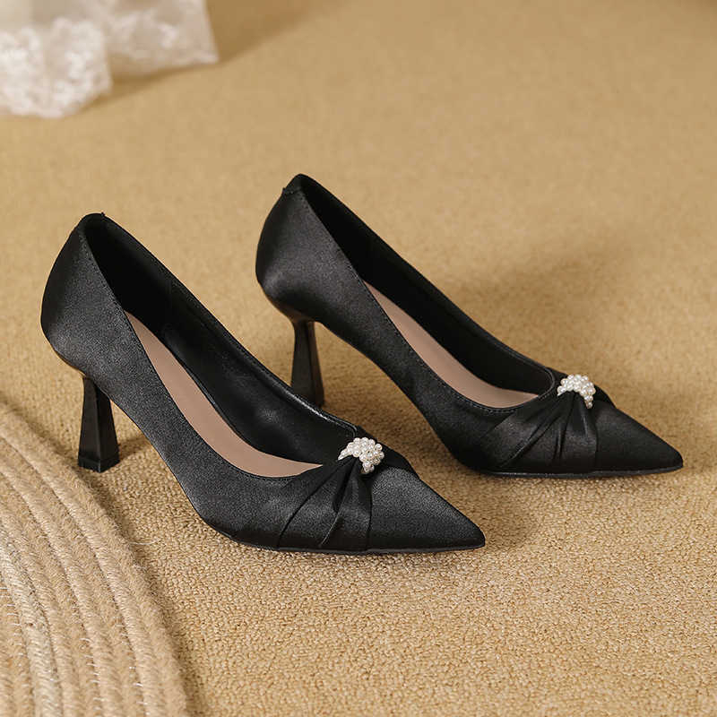 Square thin heel pointed pearl high heels womens silk champagne color electroplated heel plus size widened womens shoes versatile for commuting