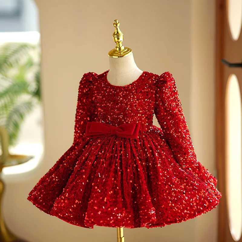 Long Sleeve Fashion Red Princess Ball Gown For Girls Sequins Bow Design Birthday Par Wedding Dress g170XJ241206