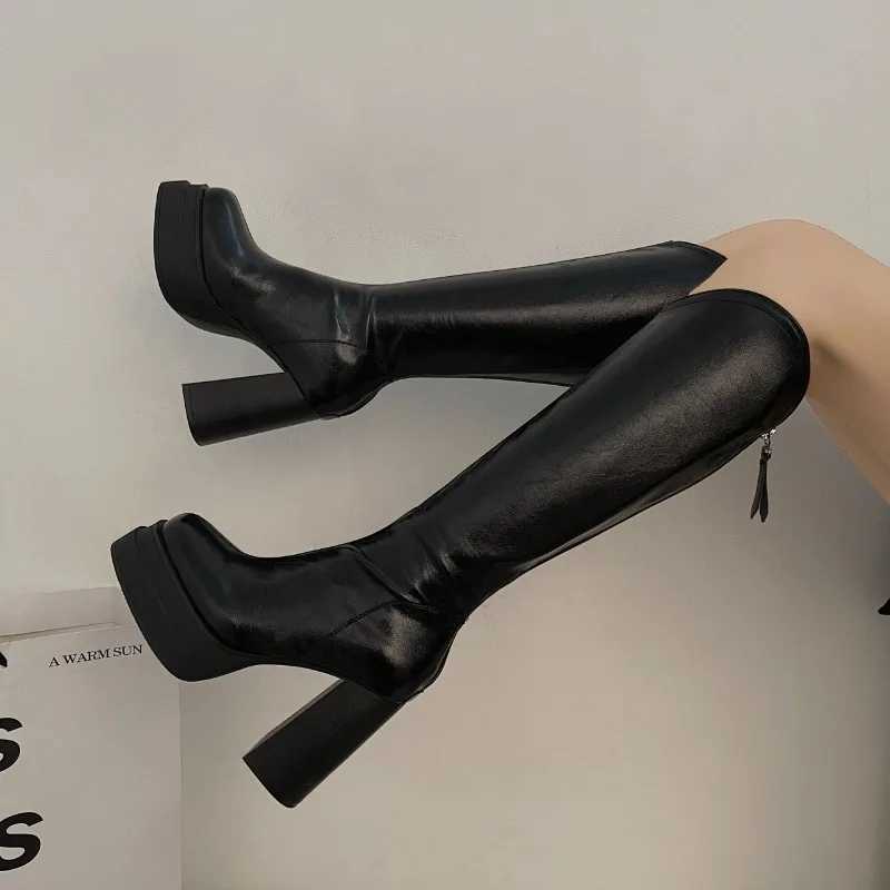 High Quality Platform Womens High Heels Elegant Knee High Heels Text Back Square Zipper Thick High Heels Fem T241206