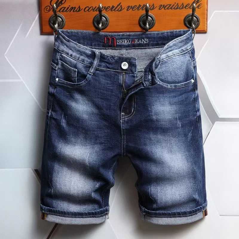 New Design Summer Men Denim Shorts Straight Stretch Casual Mid-waist Washed Cotton Fashion Vintage Spliced Male Jeans ShortsXJ241206