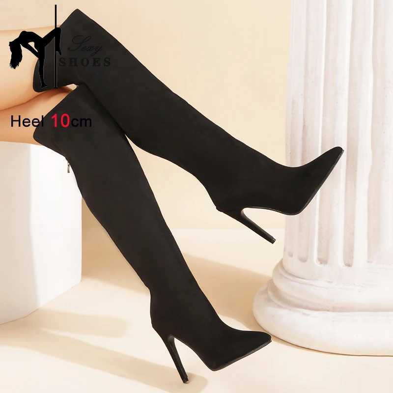 High Quality Knee High Pointed Toe Wen Boots Autumn Winter Suede High H Size Grey Model Shoe Back Zipper Lg Tube Boots T241206