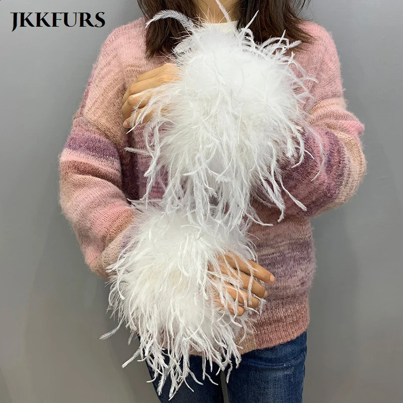 Womens wide and long feather fur cuffs 100% real feather detachable sleeves wristband heater S47 241206