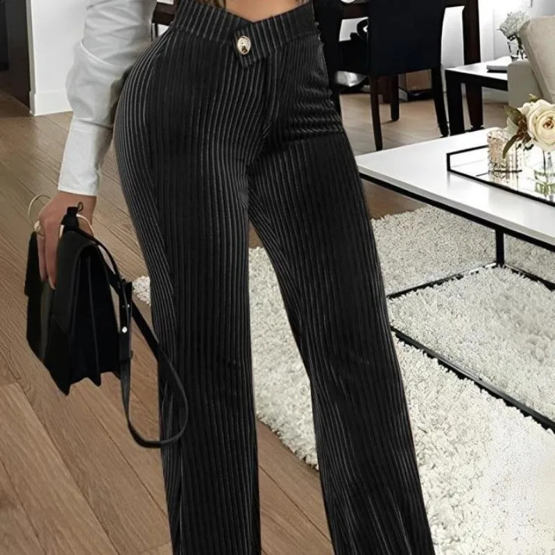 Spring/Summer Womens Pants Solid Color Fashion Gold Velvet Stripe Casual High Waist Trouser 241202