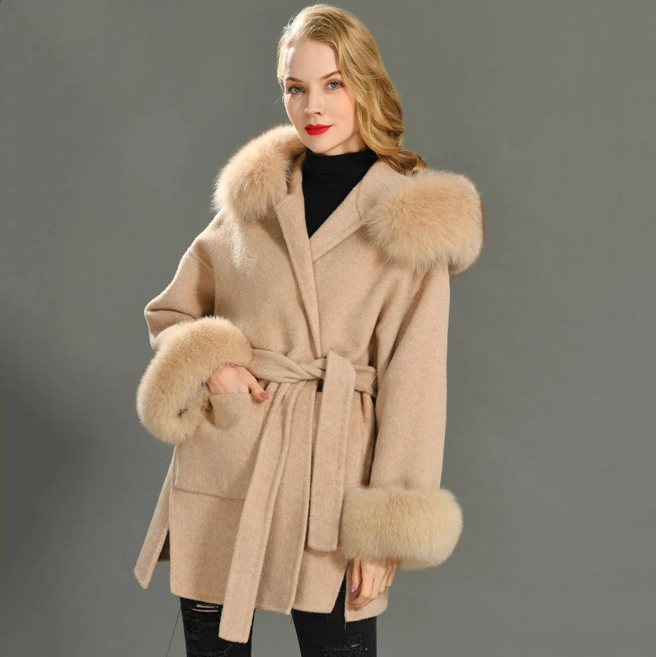 Jxwatcher Wool Coat and Blends Fashion Medium Length Cashmere Jacket Hooded 100 Real Fur Collar Cuffs Winter for Women 241205
