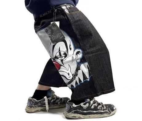 American gothic washed hip-hop graffiti clown print denim shorts y2k trendy black classic casual wear knee-length wide-leg pantsXJ241206