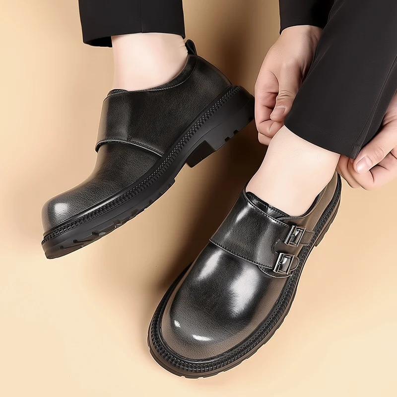 Retro Autumn Mens Polished Big Toe Leather Shoes Fashionable Buckle Comfortable Thick Soled Casual Shoes Mens Trendy Shoes 241206