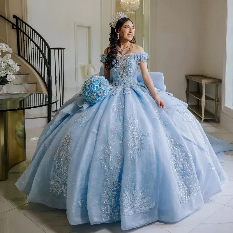 Light Sky Blue Princess Quinceanera Dresses 3D Floral Appliques Off Shoulder Beaded Special Occasion Gowns Ruffles Lace Appliques Sweet Sixteen Dress