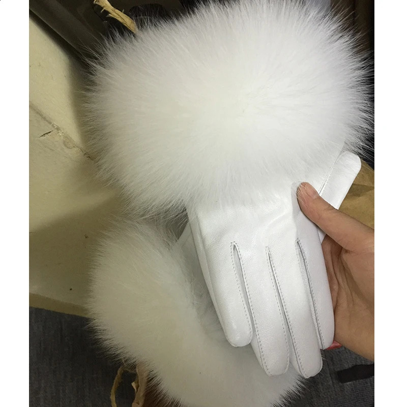 White real big fox fur womens sheepskin gloves with winter velvet chic womens outdoor windproof and warm leather gloves 241206