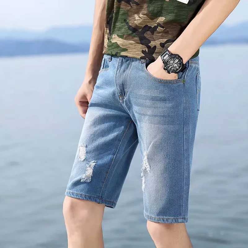 29-40 New Summer Mens Personalized Washable Perforated Denim Pants Large Casual Middle PantsXJ241206