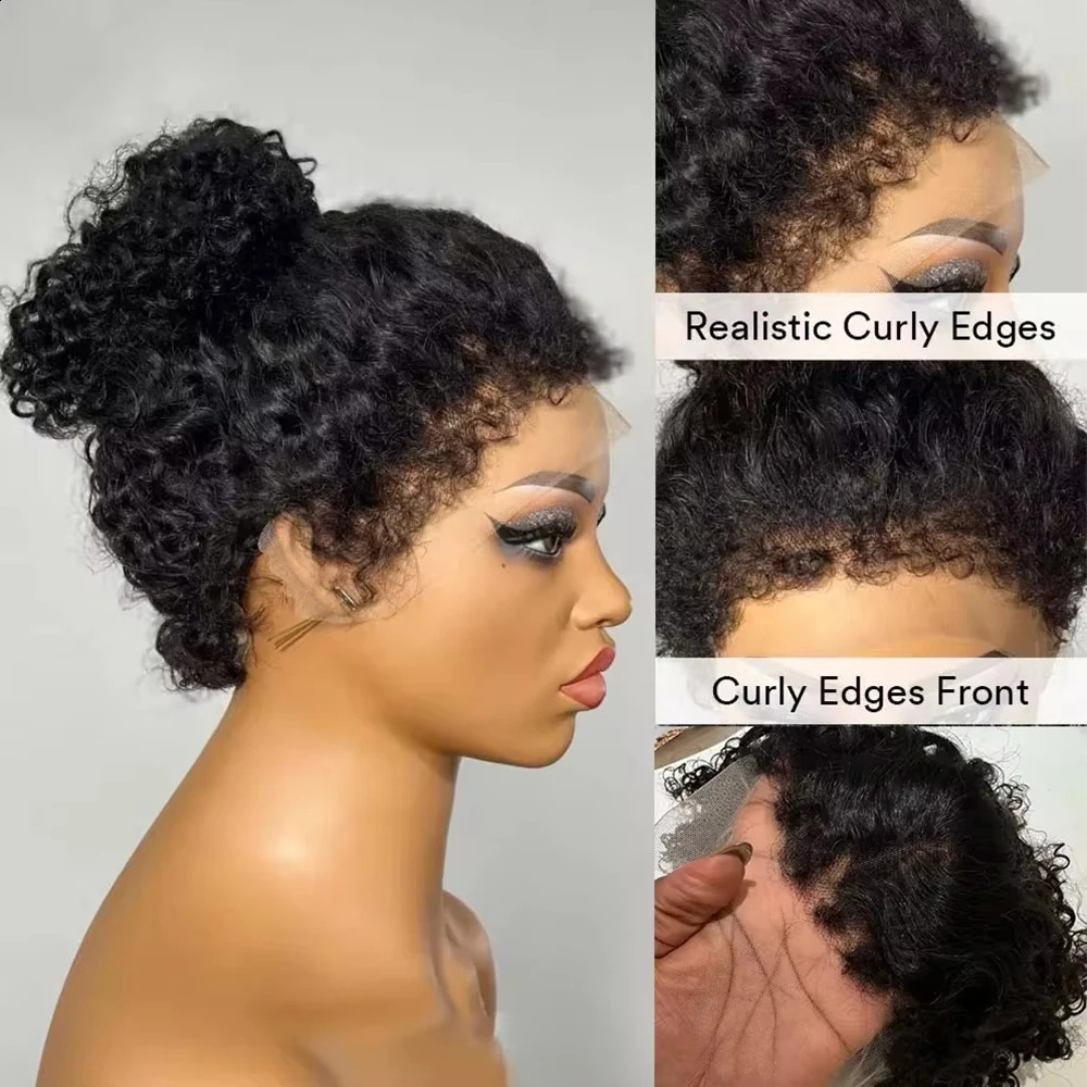 Short Bob Kinky Curly Human Hair Frontal Wig 4C Edges Lace Front Wigs Transparent 4x4 Closure Human Hair Wig Natural Hairline 250409