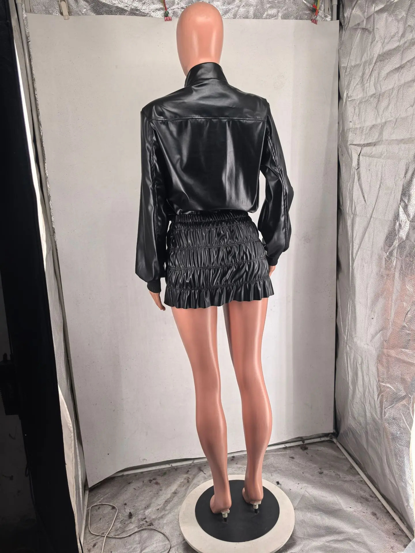 CM.YAYA Women Mini Ruched Skirts Set Full Sleeve PU Leather Jackets Two 2 Piece Set Outfits 2024 Fall Casual Street Night Club 241205