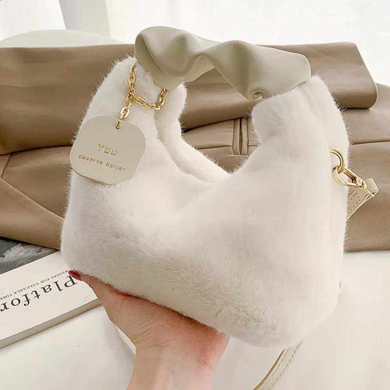 Womens artificial fur soft plush handbag Ruched handle small shoulder cross body bag casual fluffy handbag wallet winter bag 241204