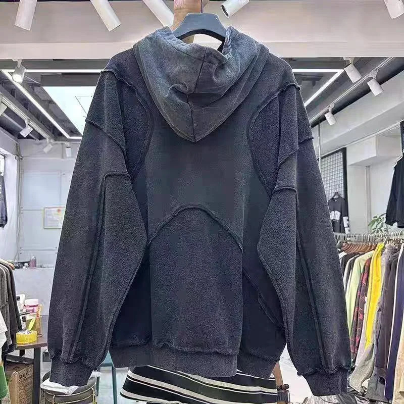 Vintage Wash Embroidery Splicing Hoodies Men Woman Quality Thick Fabric Oversized Trend Motion Pullover 241203