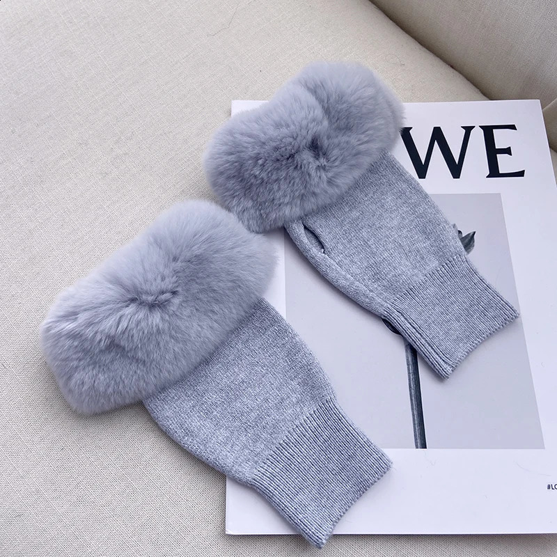 ZDFURS * Rex Rabbit Fur Knitted Gloves Womens Winter Korean Ins Cute Open Finger Fur Shining Fur Half Finger Warm Gloves 241206