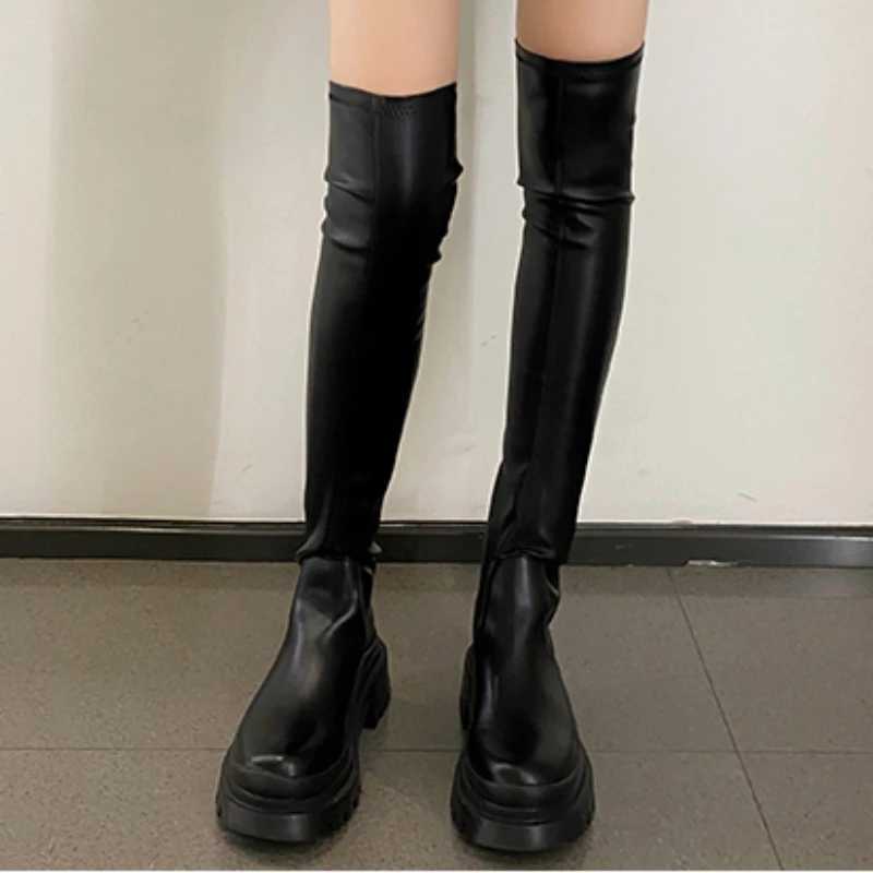 High Quality Wans Over the Knee leather zipper thin elastic flat Botted Lg high tube elastic platform boots T241206